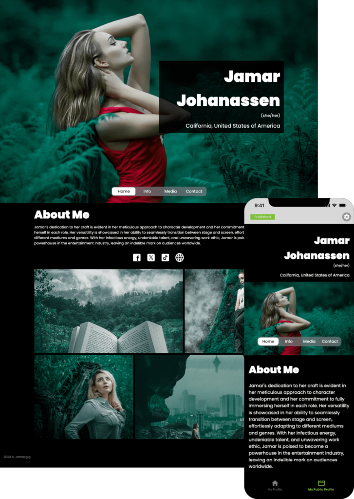 Elegant portfolio highlighting a professional talent profile homepage template.